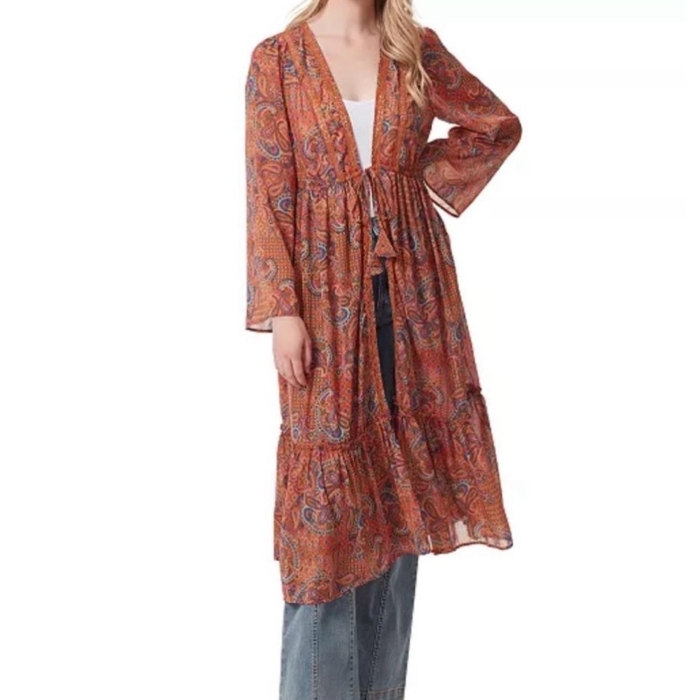 Jessica Simpson Sheer Paisley Maxi Dress in Rust and Blue - Picture 3 of 8